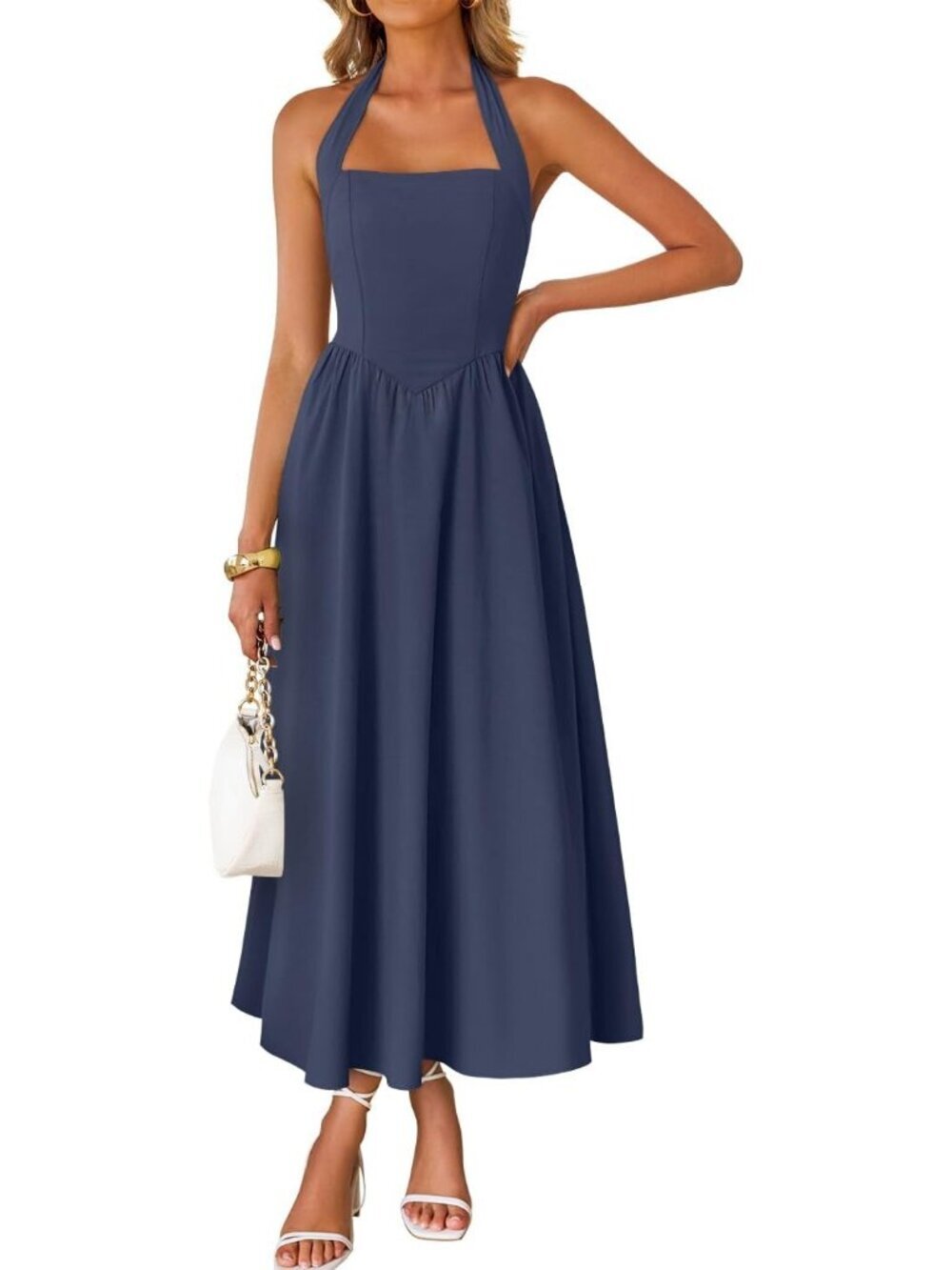 Women's Summer Sleeveless Halter Navy Midi Dress Off Shoulder Flowy Long Dress